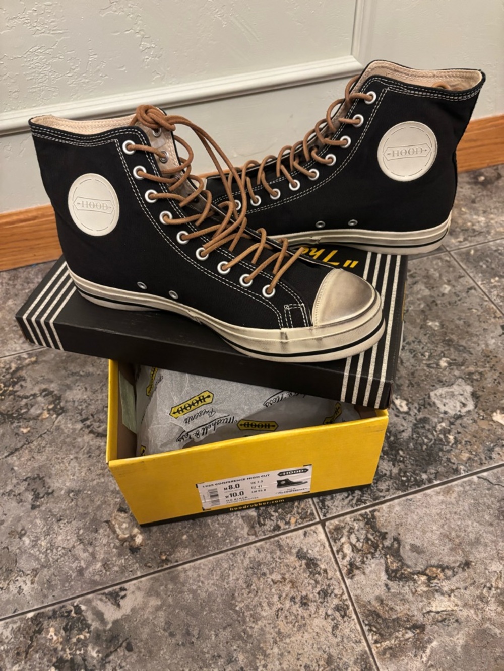 HOOD Black High-Top Canvas Sneakers Distressed Brown Laces MSRP $92 M8 w10 NWT